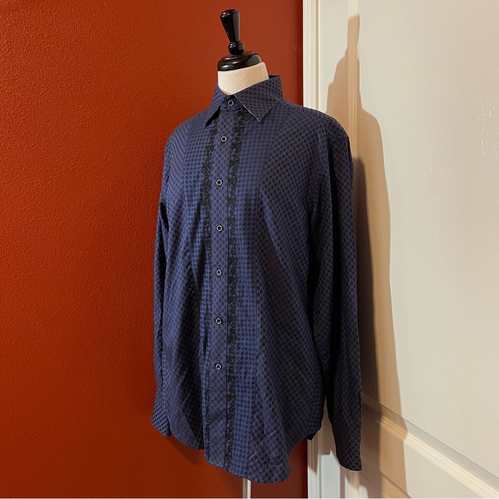 Robert Graham Men’s Checkered & Embroidered Button Up‎ Flip Cuff Dress Shirt